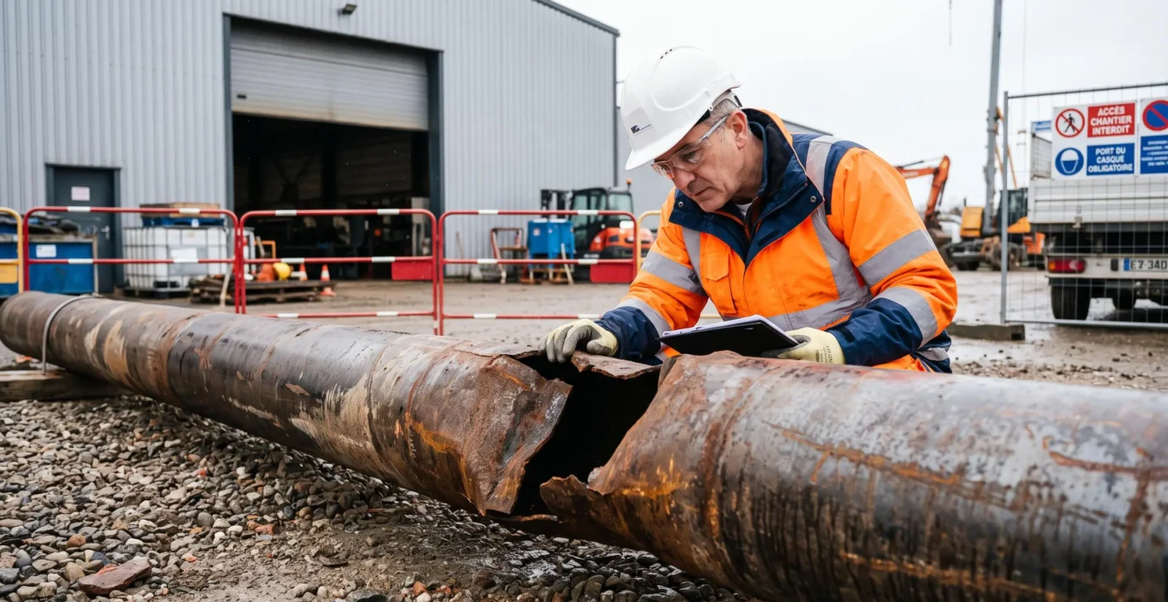 Un conducteur de travaux examine une canalisation industrielle endommagée sur un chantier.