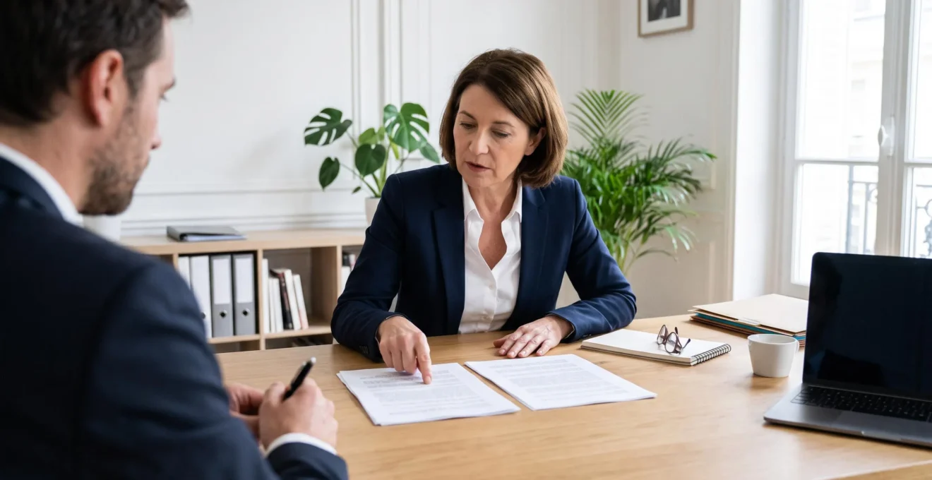 Une dirigeante compare des documents d'assurance avec un expert dans son bureau.