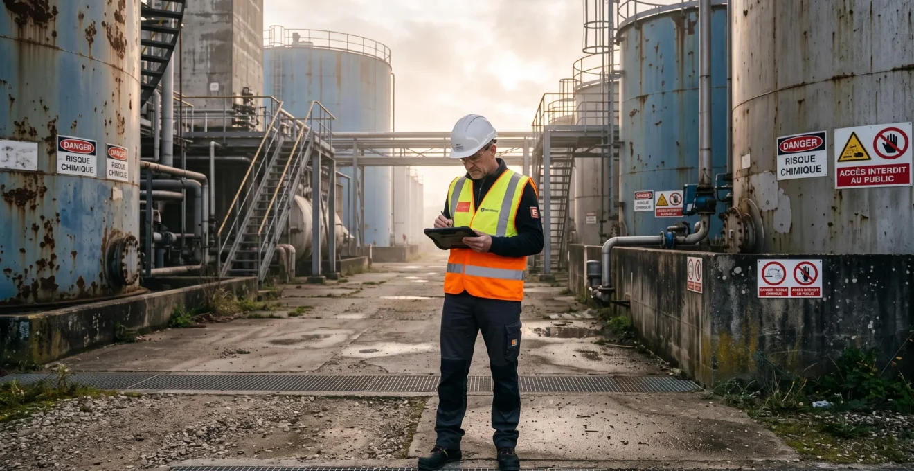 Un ingénieur inspecte une cuve industrielle sur un site chimique en France.